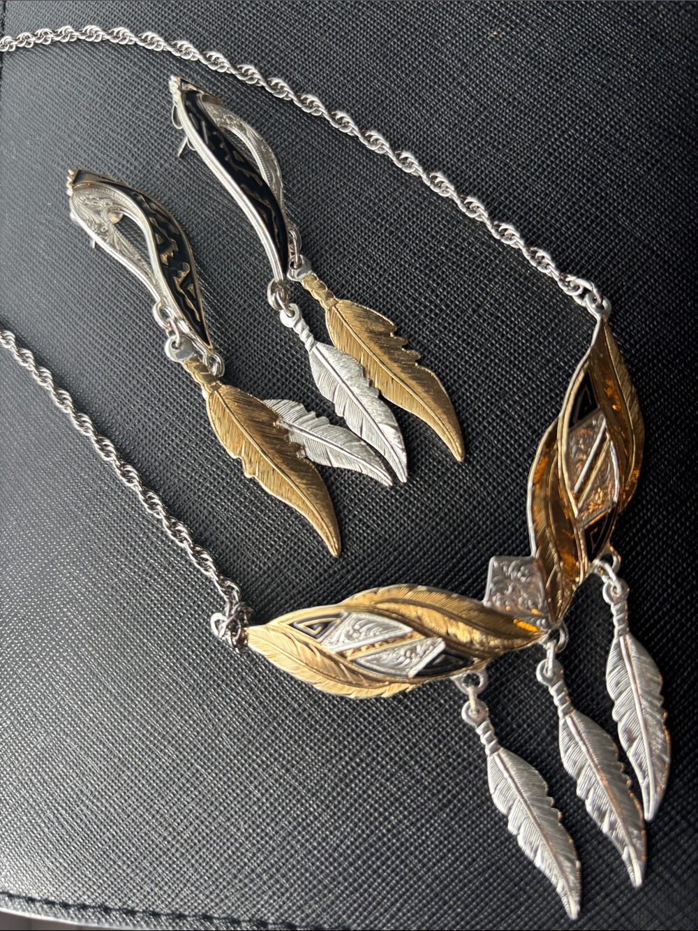Two-Tone Feather Drop Necklace and Earrings Set
